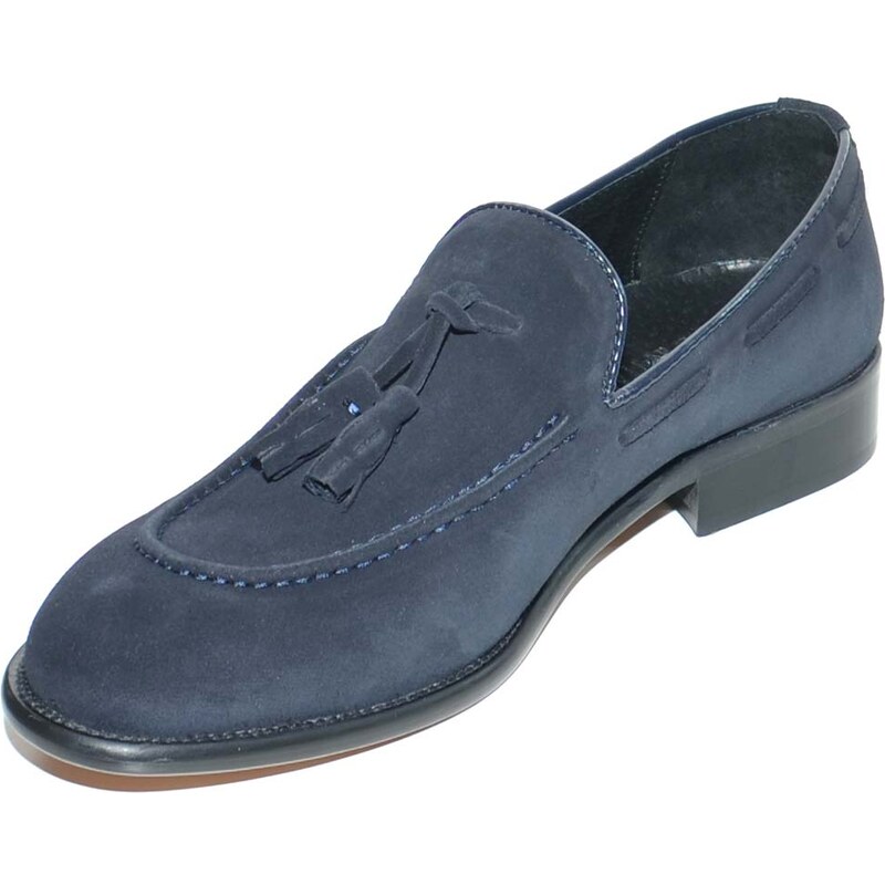 Malu Shoes Mocassino college uomo slip on vera pelle scamosciata blu nappe bon bon e cuciture fondo cuoio originale made in italy