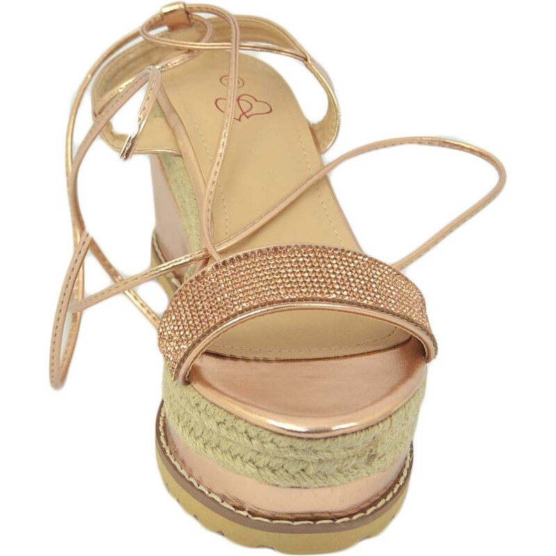 Malu Shoes Zeppa donna oro rosa comoda fondo in spago bicolore e allacciatura alla schiava fascetta con strass classica sportiva