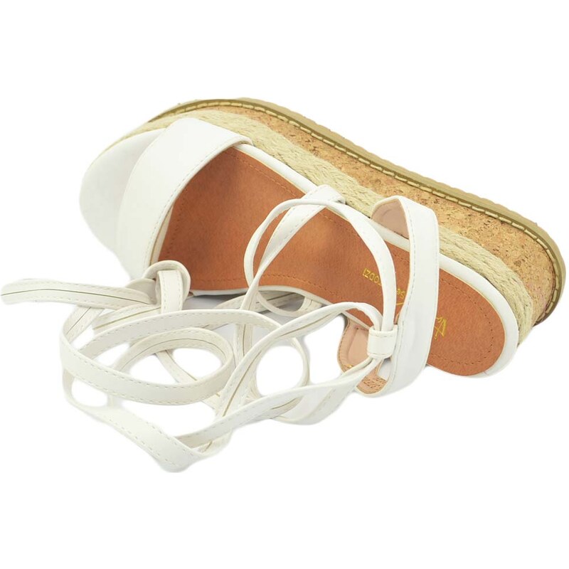 Malu Shoes Zeppa donna bianca sandalo basso comoda con fondo in spago allacciatura alla schiava alla caviglia moda positano