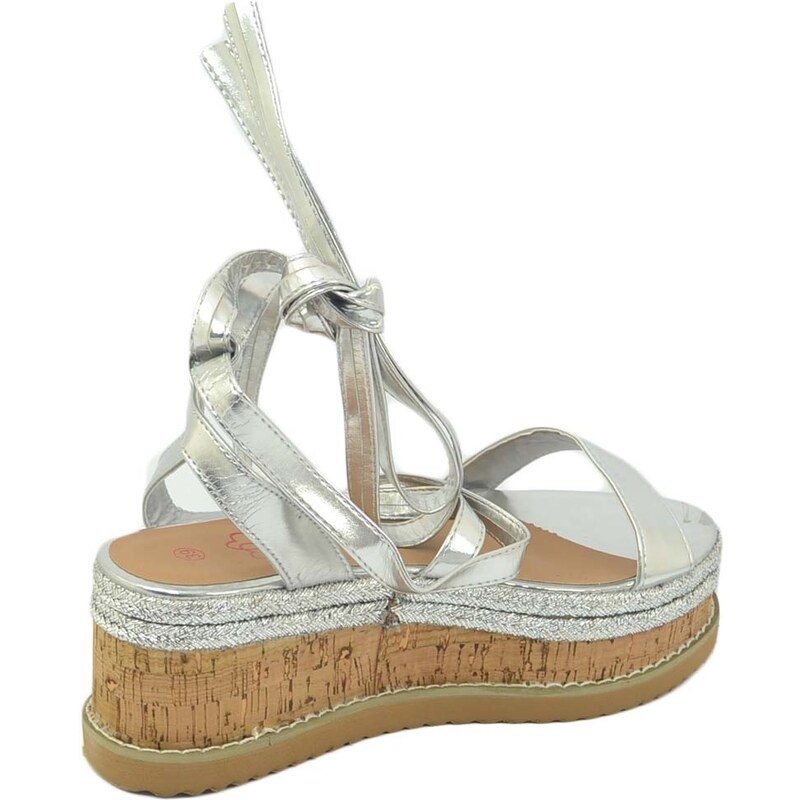 Malu Shoes Zeppa donna argento sandalo basso comoda con fondo in spago allacciatura alla schiava alla caviglia moda positano
