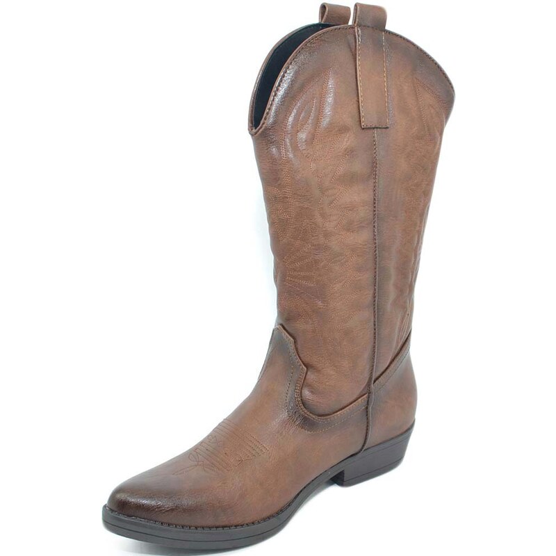 Malu Shoes Stivali donna camperos texani stile western marroni spazzolati con fantasia laser su pelle tinta unita altezza polpaccio