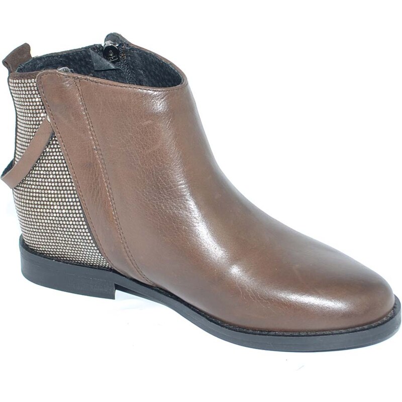 Malu Shoes Stivaletto donna in vera pelle marrone con zip laterale borchie piccole retro zeppa interna para handmade in italy