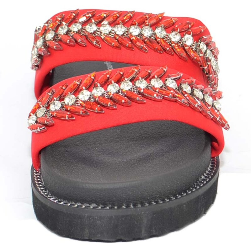 Malu Shoes Pantofola donna sandalo rosso con strass tono su tono moda mare incrocio alla geisha fondo platform gomma antiscivolo