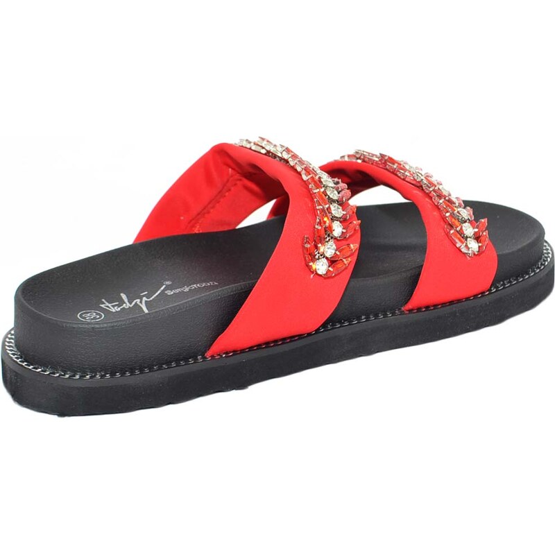 Malu Shoes Pantofola donna sandalo rosso con strass tono su tono moda mare incrocio alla geisha fondo platform gomma antiscivolo