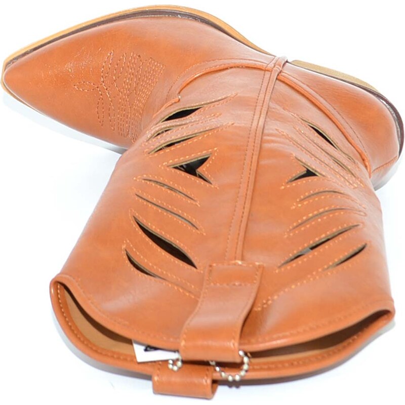 Malu Shoes Stivali donna camperos texani stile western cuoio con gambale traforato fantasia laser tacco basso altezza polpaccio