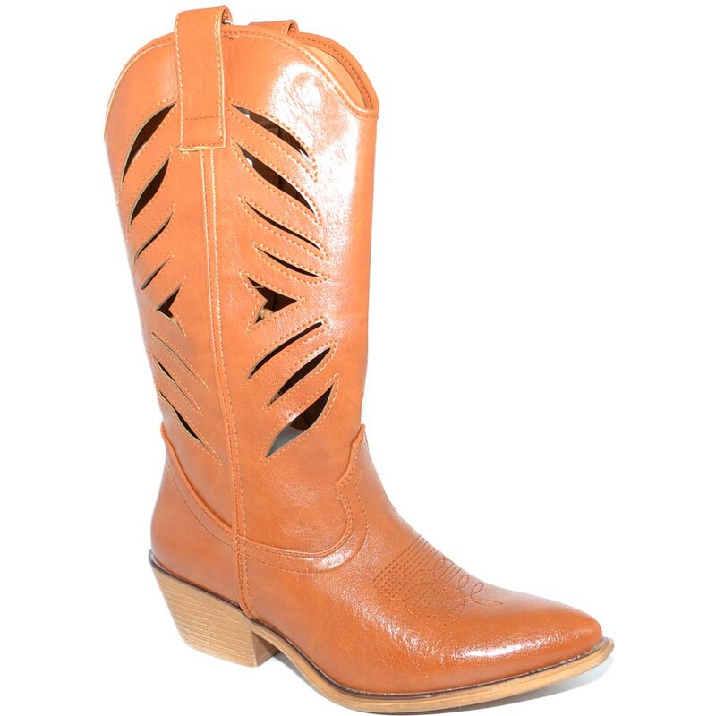 Malu Shoes Stivali donna camperos texani stile western cuoio con gambale traforato fantasia laser tacco basso altezza polpaccio