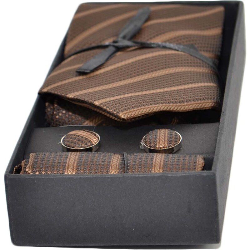 Malu Shoes Set cravatta pochette e gemelli in raso marrone striato confezione regalo per professionisti e collezionisti