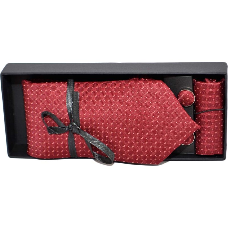 Malu Shoes Set cravatta pochette e gemelli in cotone bordeaux con dettagli tono su tono confezione regalo per professionisti
