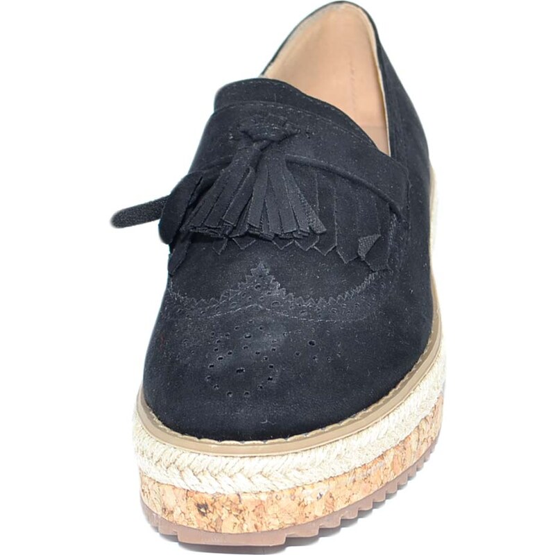 Malu Shoes Scarpe mocassino college donna inglesina in camoscio nero con bon bon fondo in sughero e gomma comode moda