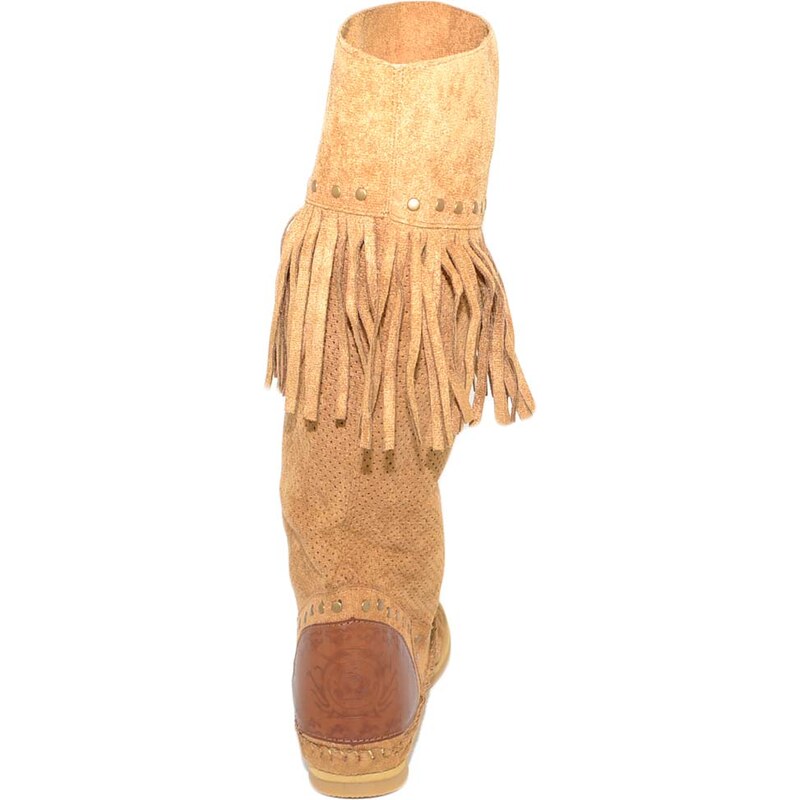 Malu Shoes Stivali donna estivi indianini cuoio forati freschi con frange lunghe borchie fondo in gomma e paglia moda ibiza