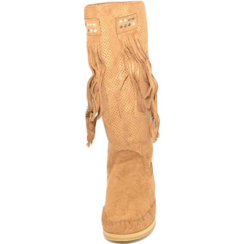Malu Shoes Stivali donna estivi indianini cuoio marroni forati freschi con frange e borchiette fondo in gomma e paglia moda ibiza