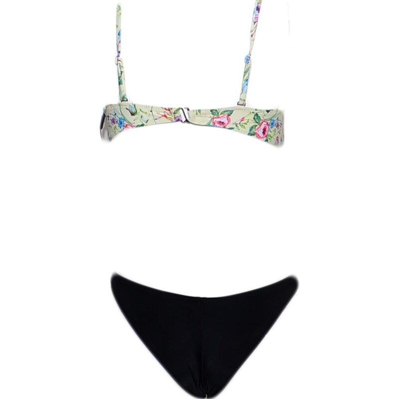 Malu Shoes Costume da bagno donna bikini swimwear con slip nero e top fantasia floreale uncinetto con ferretto push up