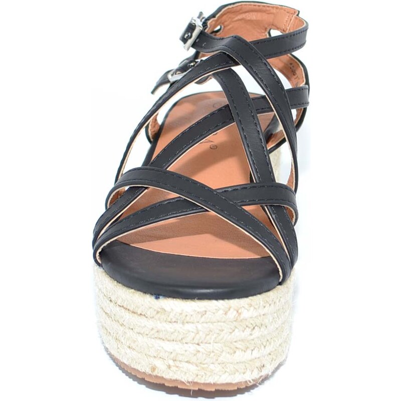 Malu Shoes Zeppa sandalo moda donna in ecopelle nera con fascette incrociate e chiusura alla caviglia comodo con suola in spago