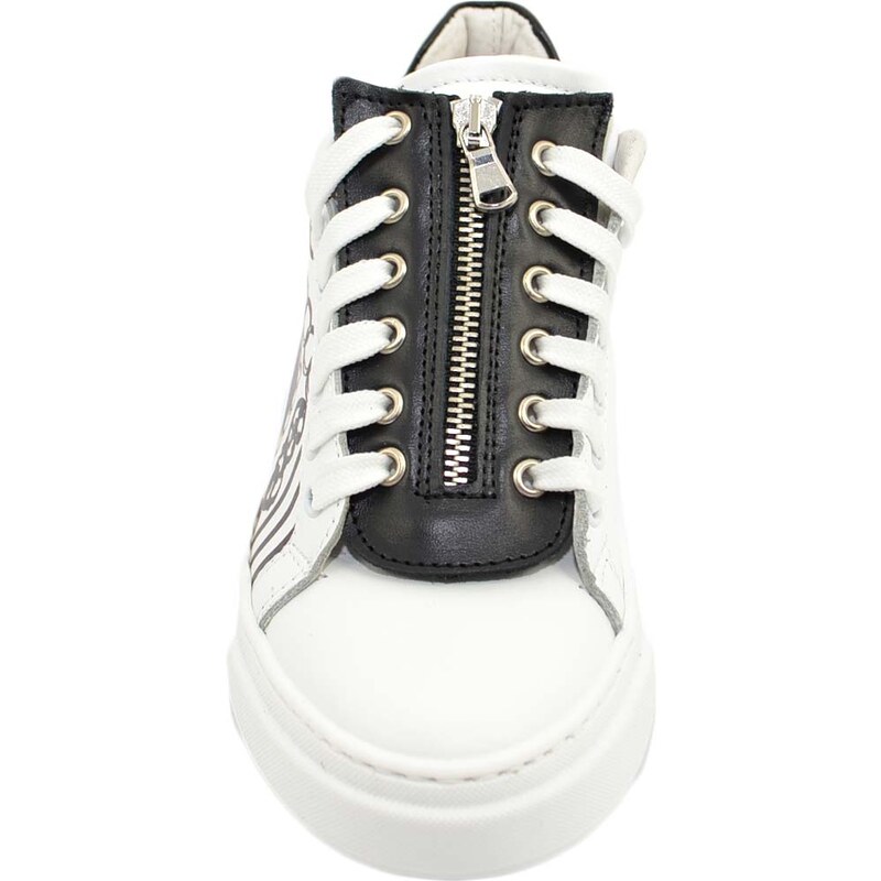Malu Shoes Sneakers bassa uomo linea Luxury in vera pelle con stampa catene  e accessorio zip contrasto bianco nero moda giovane 