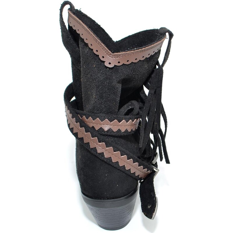 Malu Shoes Stivaletto texano camperos donna nero a punta con frange borchie e fibbia tacco western moda roxanne tendenza