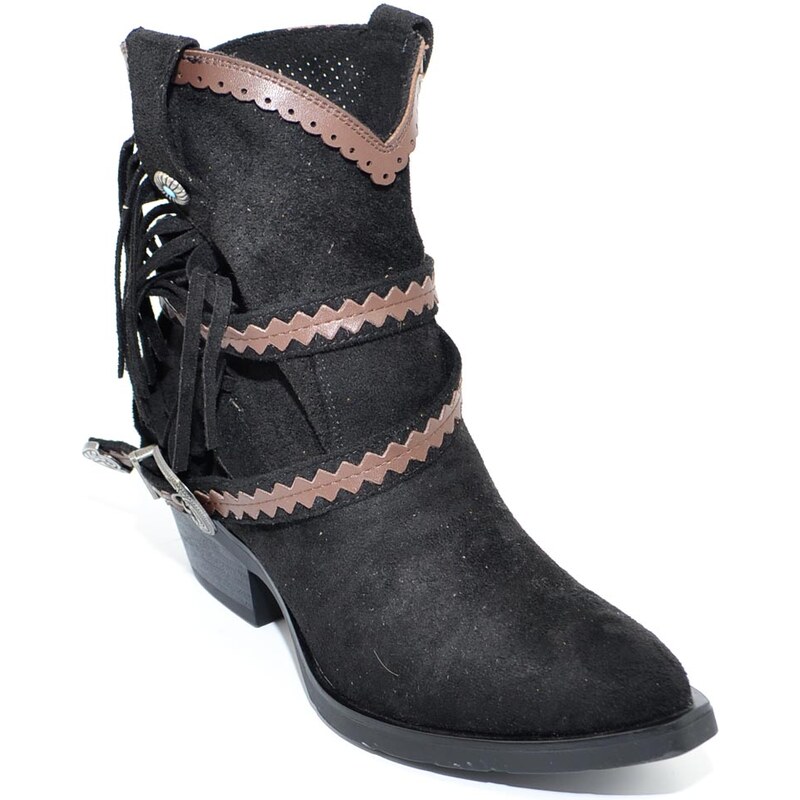 Malu Shoes Stivaletto texano camperos donna nero a punta con frange borchie e fibbia tacco western moda roxanne tendenza