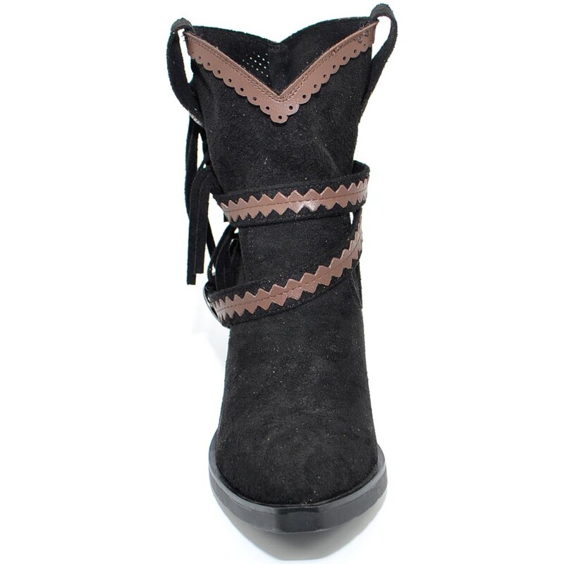 Malu Shoes Stivaletto texano camperos donna nero a punta con frange borchie e fibbia tacco western moda roxanne tendenza