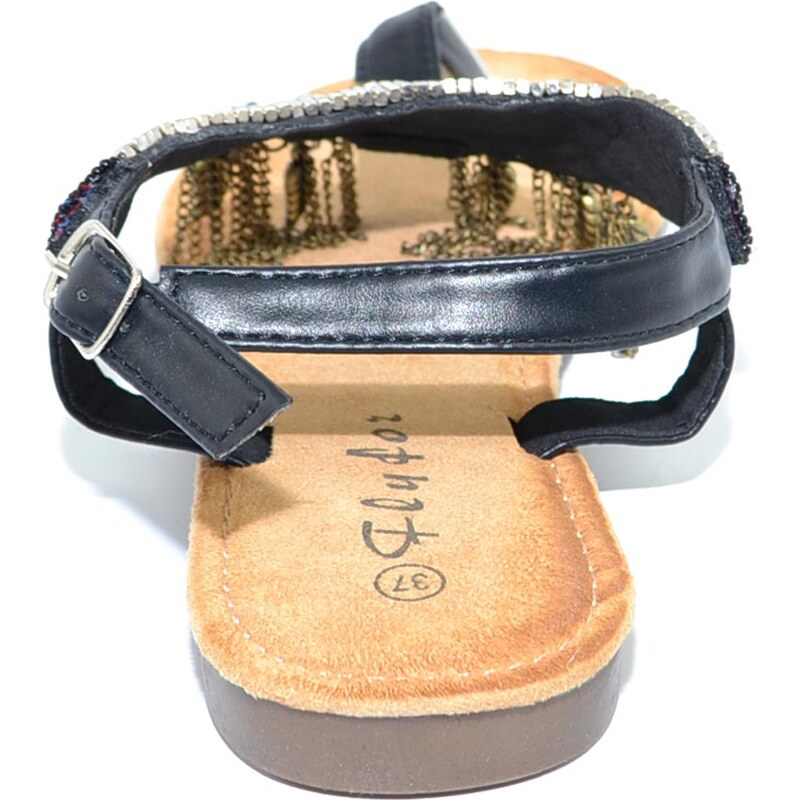 Malu Shoes Sandalo basso ibiza nero basso infradito con frange, corallini e piume allacciato alla caviglia moda comfort estate