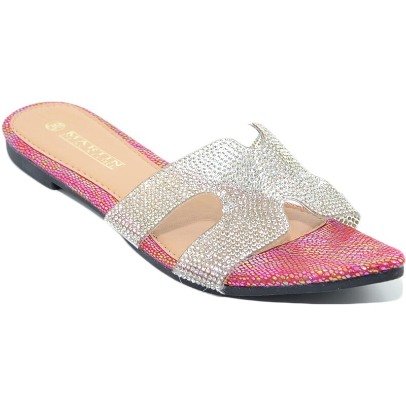 Malu Shoes Pantofoline donna rosa sirena a punta tallone scoperto fibbia h trasparente con strass linea comfy chic