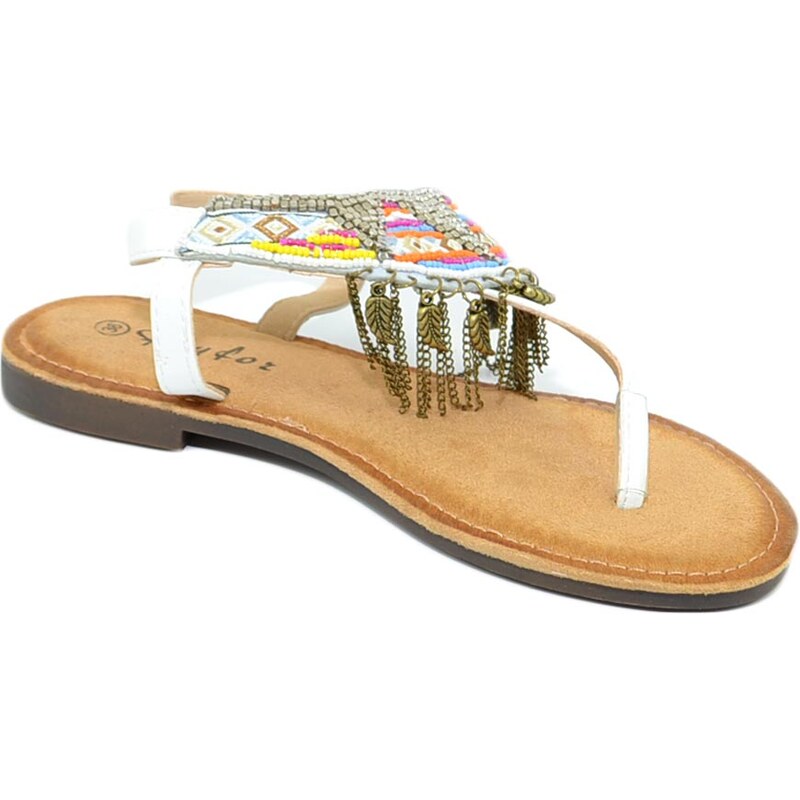 Malu Shoes Sandalo basso ibiza bianco basso infradito con frange, corallini e piume allacciato alla caviglia moda comfort estate