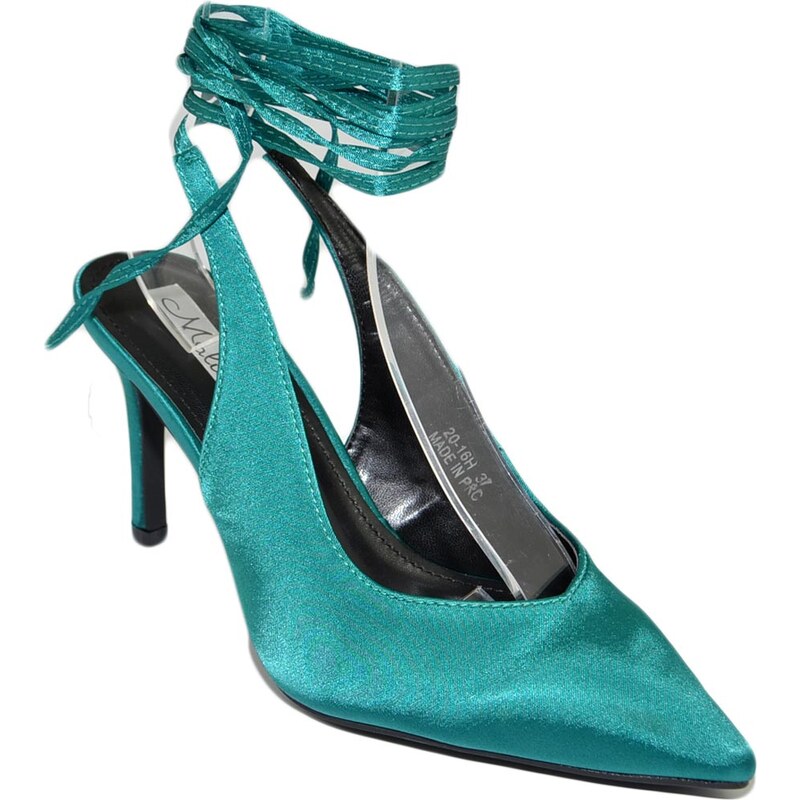 Malu Shoes Decollete' sandalo donna verde bottiglia punta raso tallone aperto allacciatura schiava caviglia lacci scarpa tacco 10