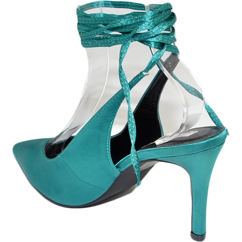 Malu Shoes Decollete' sandalo donna verde bottiglia punta raso tallone aperto allacciatura schiava caviglia lacci scarpa tacco 10