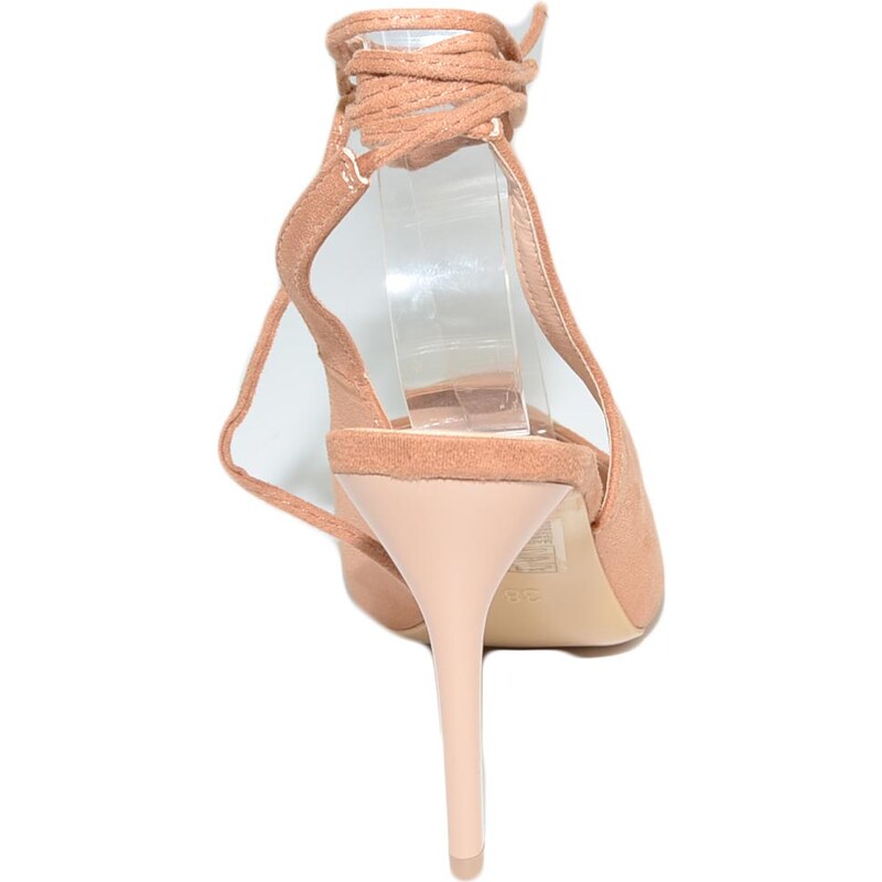 Malu Shoes Decollete' donna scarpa beige a punta in camoscio tallone aperto allacciatura schiava caviglia lacci sandalo tacco 10 cm