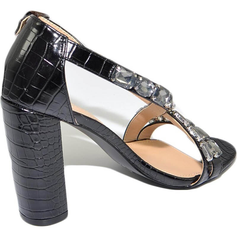 Malu Shoes Sandalo donna gioiello nero con tacco fasce sottili incrociate con strass tacco largo moda elegante cerimonie comodo