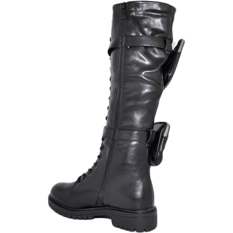 Stivali donna alto in pelle opaca nero zip tutt lunghezza gommato alta  suola combat antiscivolo moda al ginocchio comodo donna stivali Malu Shoes