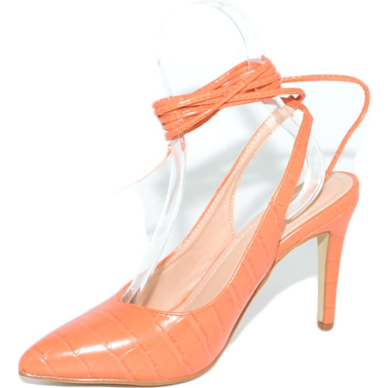 Malu Shoes Decollete' donna sandalo arancione punta cocco tallone scoperto allacciatura schiava caviglia lacci scarpa tacco 10