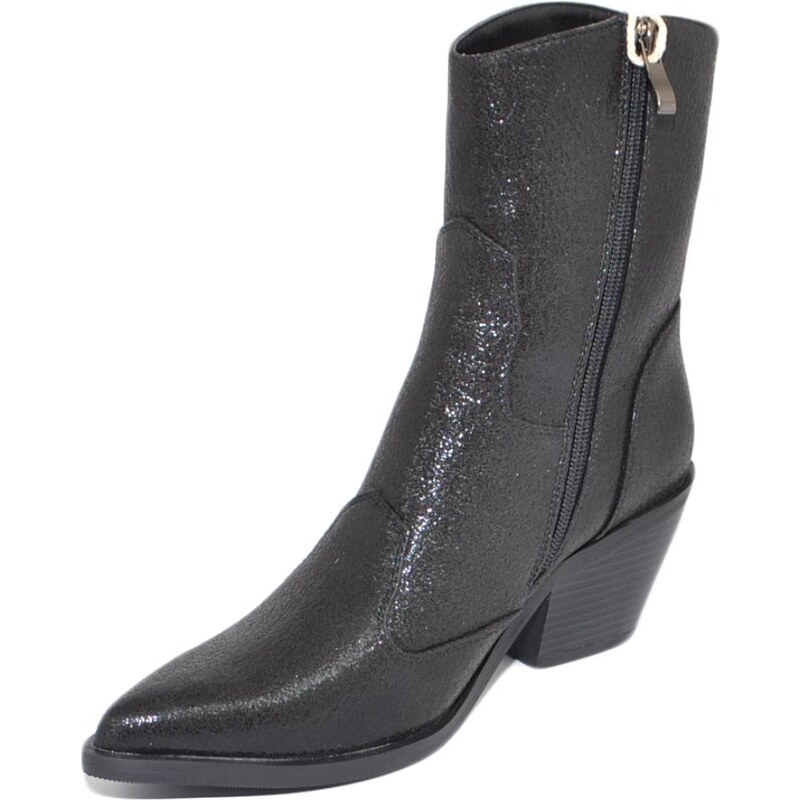 Malu Shoes Tronchetto donna camperos stivaletto nero in lurex satinato con tacco western 5 cm comodo moda trend