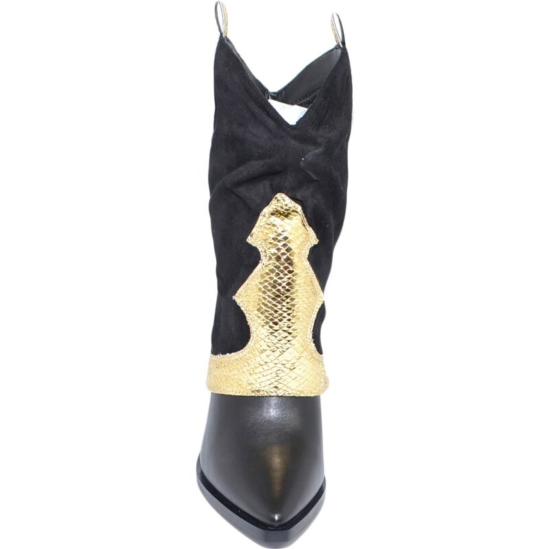 Malu Shoes Stivale tronchetto donna a punta nero con tacco targo e risvoltone shark in camoscio con fascia laminata oro moda trend