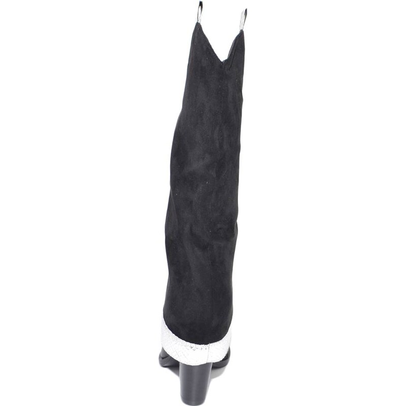Malu Shoes Stivale donna altezza ginocchio a punta nero tacco targo risvoltone shark camoscio fascia laminata argento