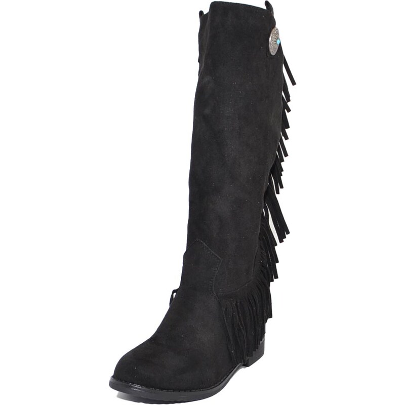 Malu Shoes Stivali donna indianini nero scamosciati con frange laterali zeppa interna 5 cm lisci stemma altezza ginocchio