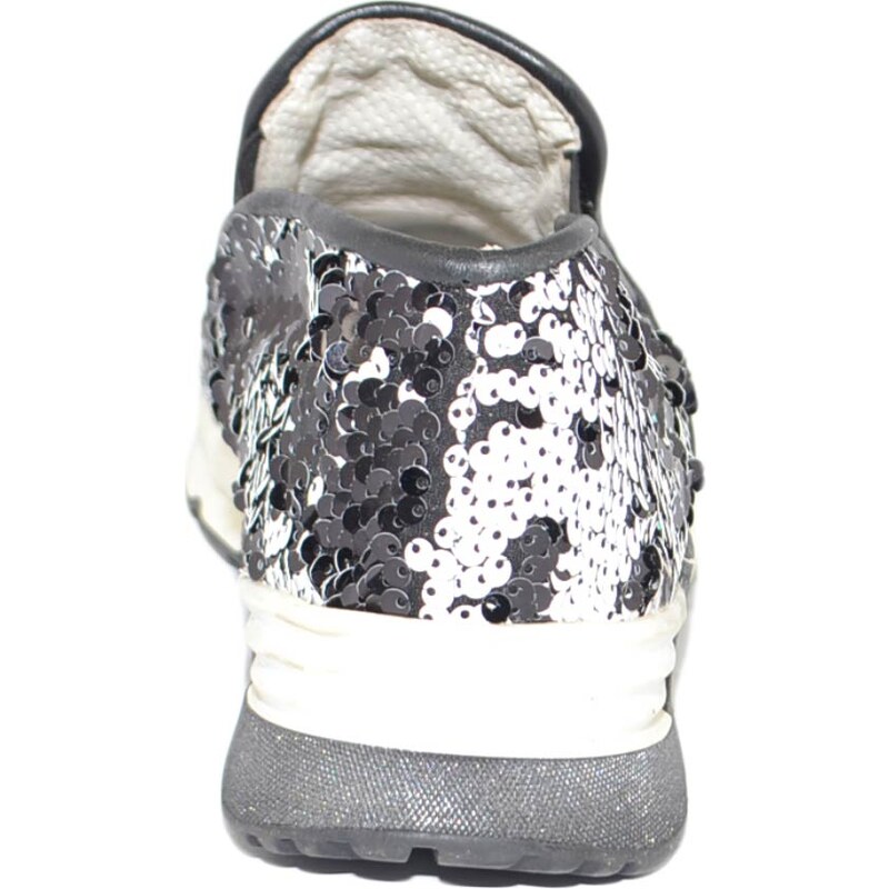 Malu Shoes Sneaker slip on mocassino donna pailettes nero bianco in vera pelle made in italy risvoltabili fondo running glamour
