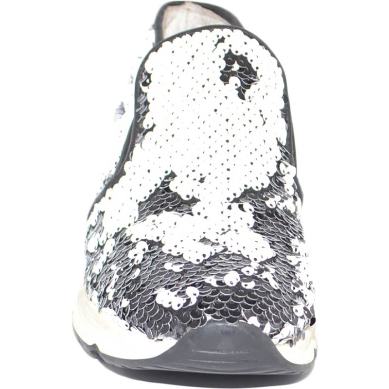 Malu Shoes Sneaker slip on mocassino donna pailettes nero bianco in vera pelle made in italy risvoltabili fondo running glamour