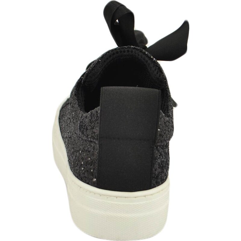 Malu Shoes Sneaker donna glitterata nera in vera pelle con chiusura nastri made in italy risvoltabili fondo bianco alto glamour