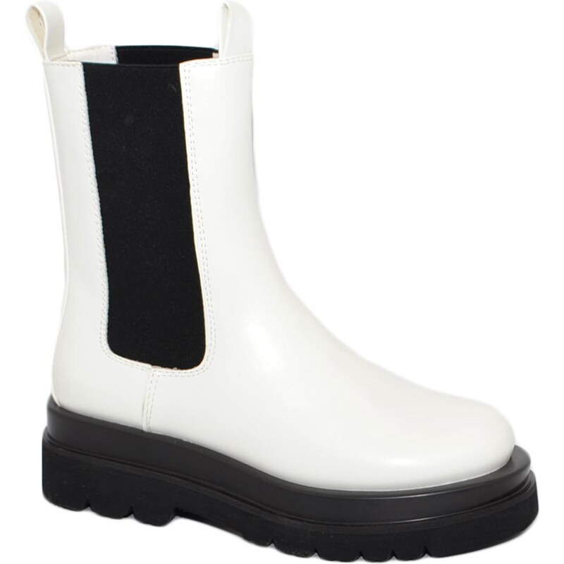 Malu Shoes Stivale donna aderente bianco chelsea boot meta' polpaccio elastico fondo alto platform nero carro armato con zip moda