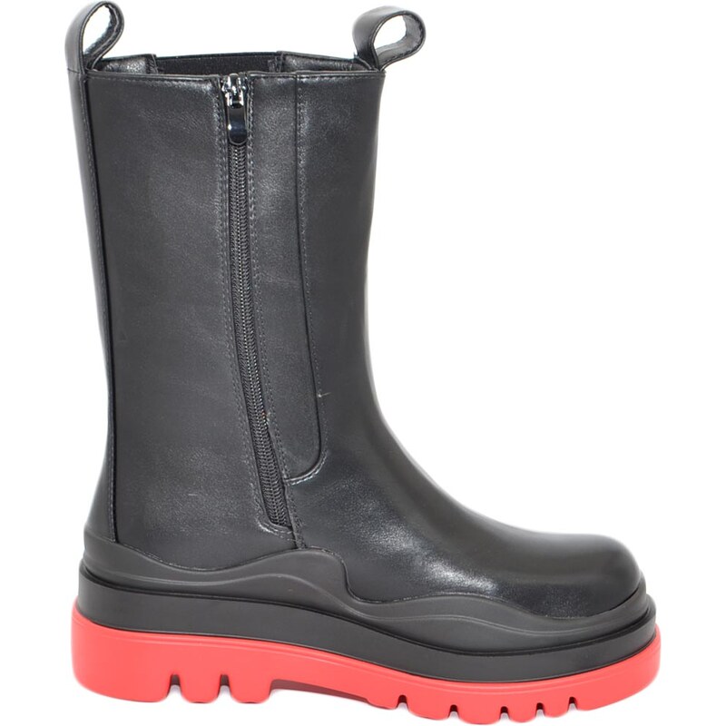 Malu Shoes Stivale donna aderente nero chelsea boot meta' polpaccio elastico fondo alto platform nero e rosso con zip moda