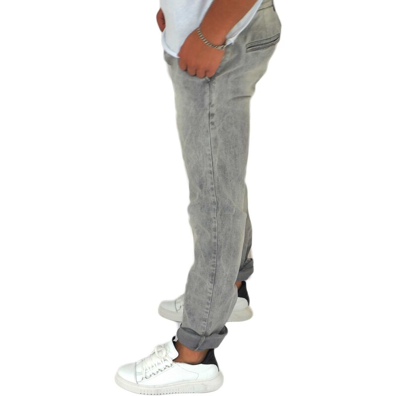 Malu Shoes Pantaloni jeans grigio denim slim skinny fit.chiusura zip con tasche e sfumature chiare moda giovanile