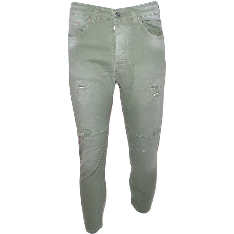 Malu Shoes Jeans uomo verdi denim lavaggio graduale slim fit a cavallo basso 4 tasche con strappi elasticizzato tendenza