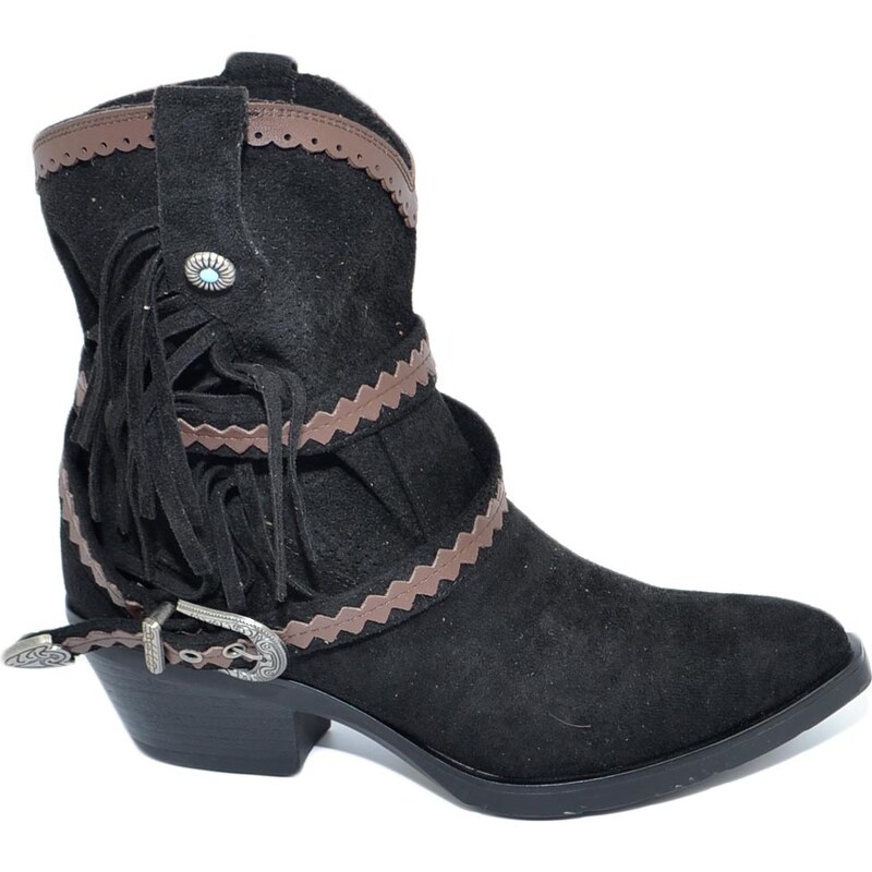 Malu Shoes Stivaletto texano camperos donna nero a punta con frange borchie e fibbia tacco western moda roxanne tendenza
