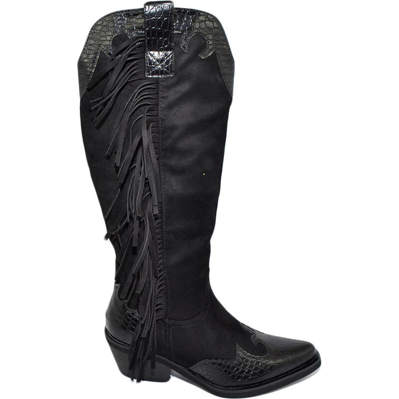 Malu Shoes Stivali donna camperos texani stile western nero fantasia astratta pelle su camoscio tinta unita sopra ginocchio zip