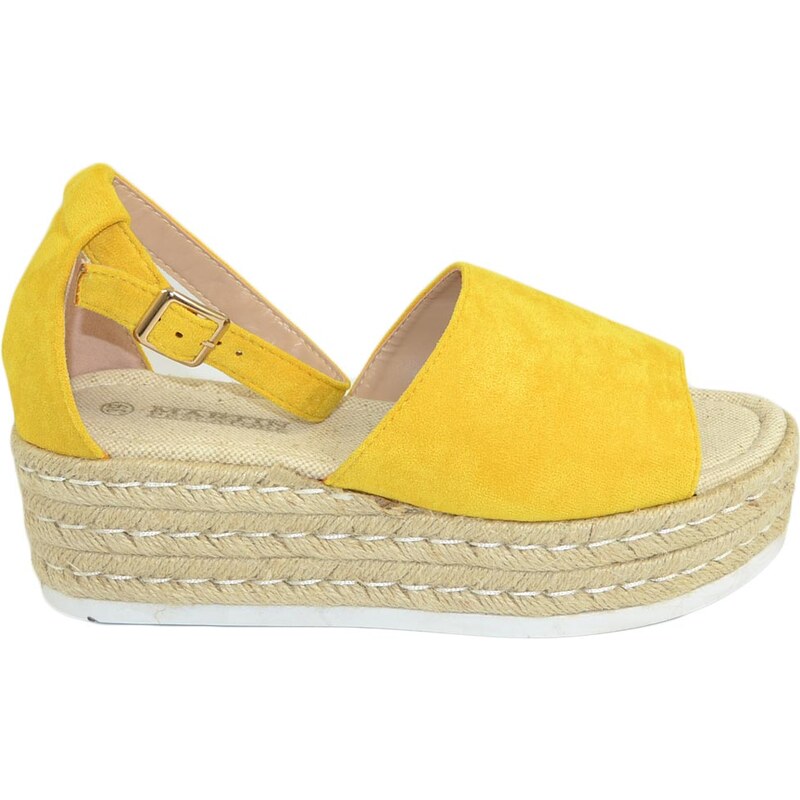 Malu Shoes Espadrillas donna spuntate in camoscio giallo morbide comode con cinturino alla caviglia fresche fondo paglia