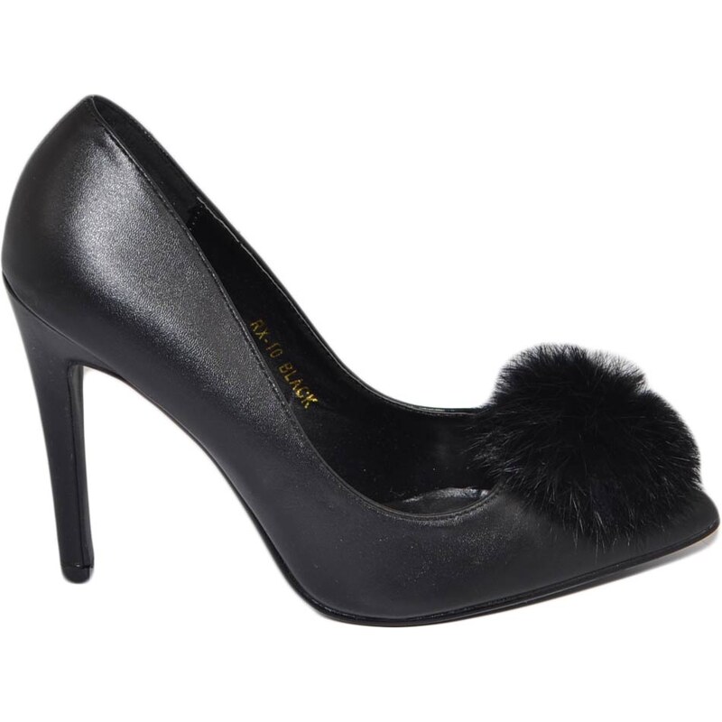 Malu Shoes Decollete' donna nero a punta con pon pon peluche effetto pelle linea Basic tacco a spillo 12 cm moda luxury