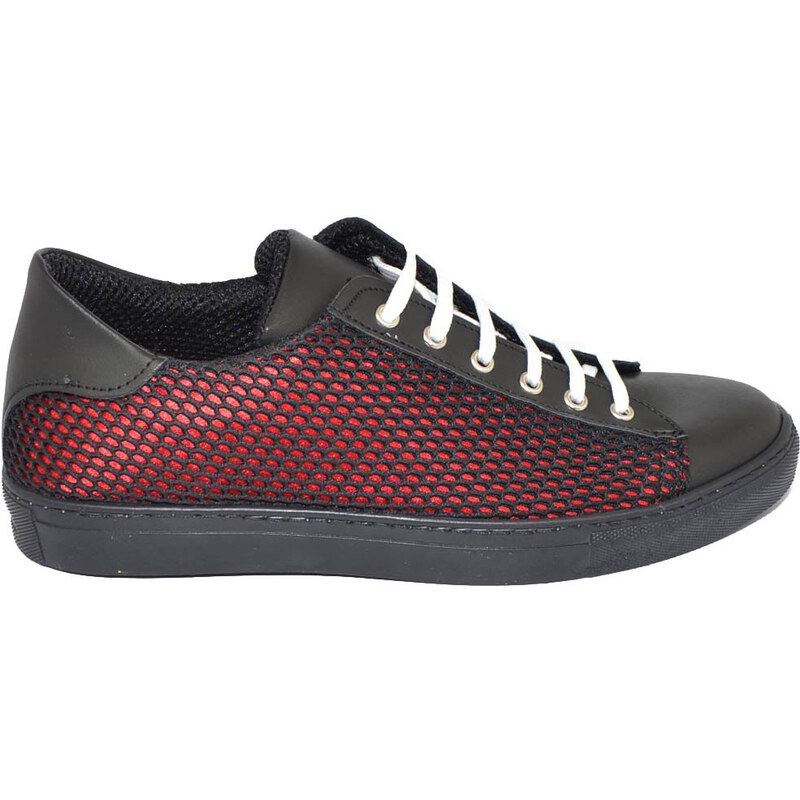Malu Shoes Sneakers uomo sportiva casual in vera pelle impermeabile tessuto a rete bicolore nero rosso moda lacci made in Italy