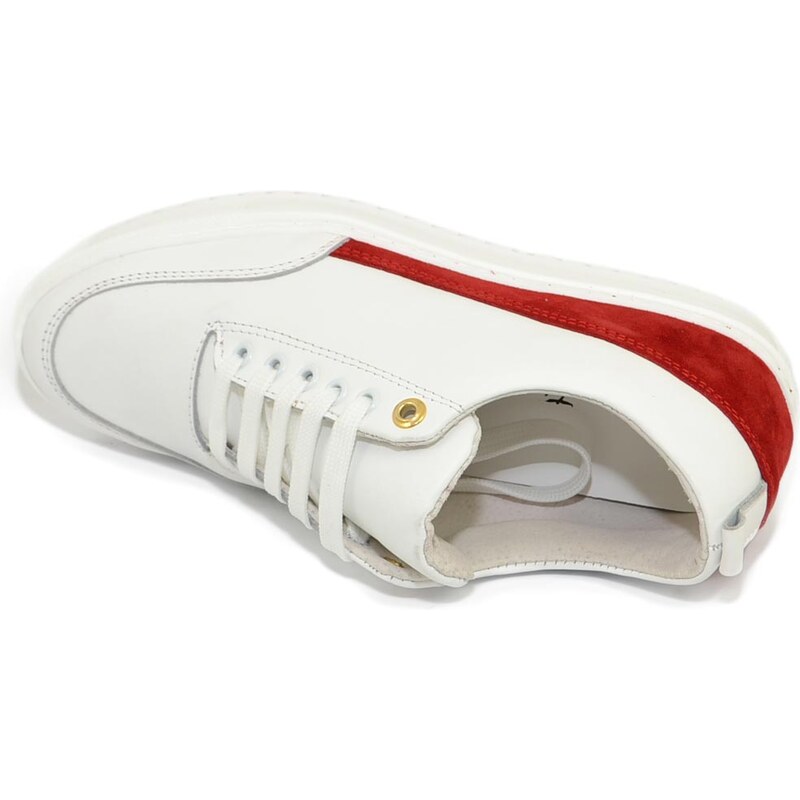 Malu Shoes Scarpe sneakers bassa uomo vera pelle bianco con occhiello oro liscia basic fondo zigrinato fascia rosso made in italy