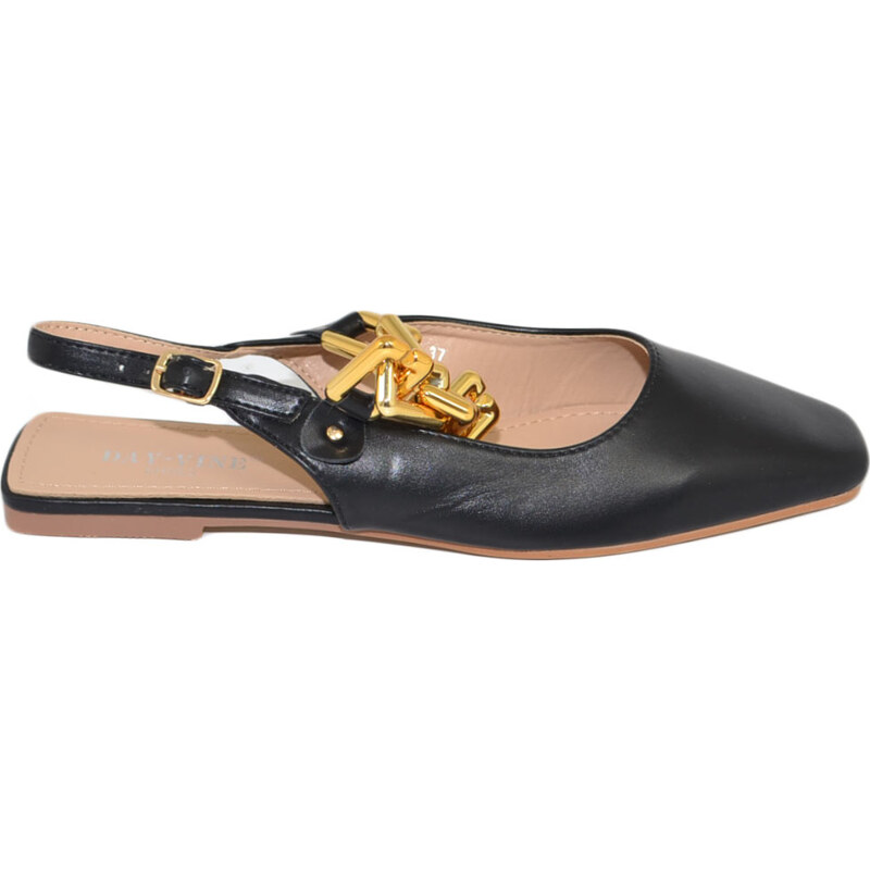 Malu Shoes Scarpe donna mules ballerine mocassino raso terra tallone scoperto nere con catena oro e cinturino retro moda luxury