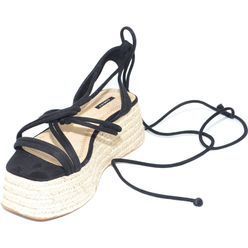 Malu Shoes Zeppa donna nera con morbidi lacci intrecciata alla schiava con fondo paglia asimmetrico platform comb moda estate donna