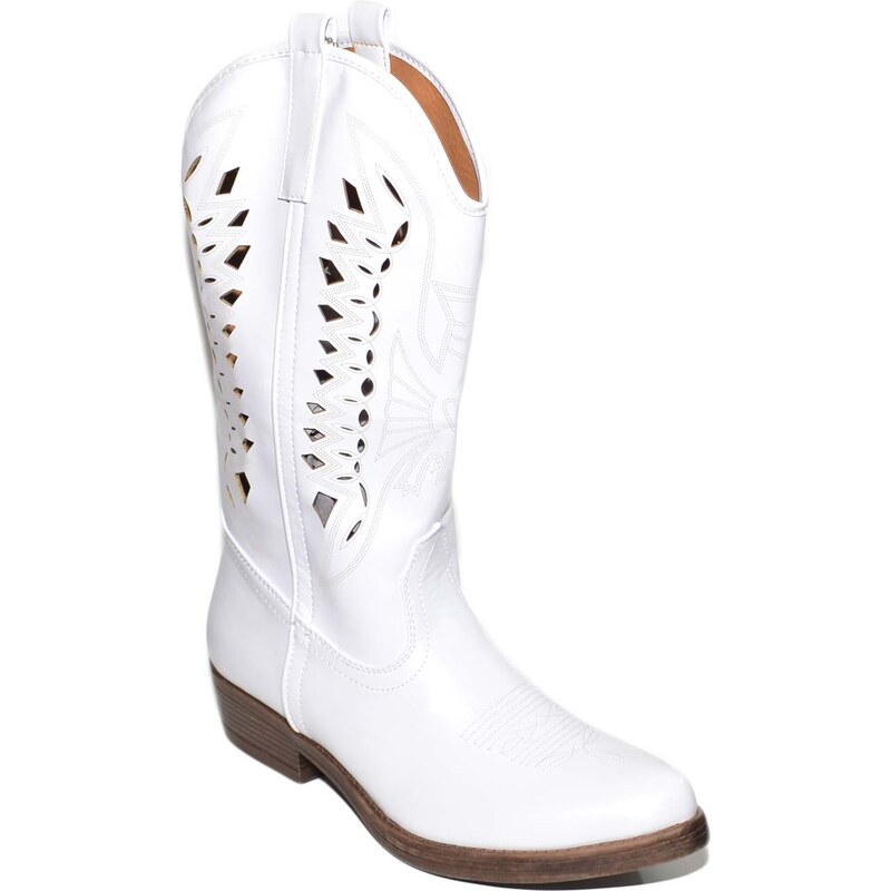 Malu Shoes Stivali donna camperos texani stile western bianco con foratura  laser su pelle tinta unita altezza polpaccio 